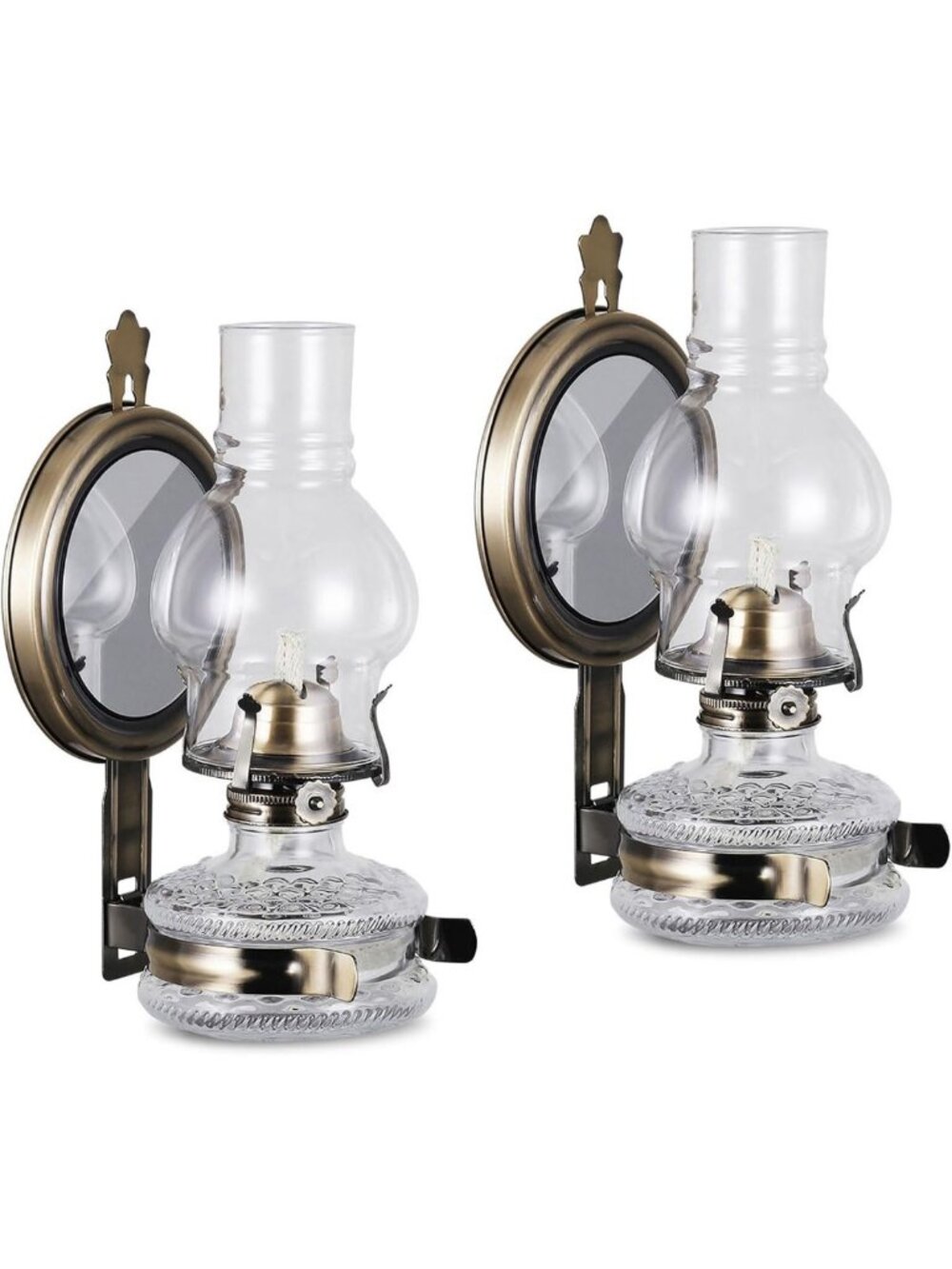 Set of 2 Vintage Glass Wall Oil Lamps - Rustic Kerosene Lanterns for Home Decor